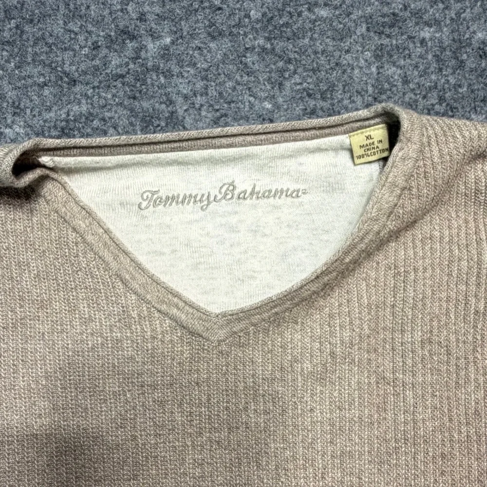 Tommy Bahama‎ Sweater XL Tan Ribbed Knit V-Neck Cotton Pullover